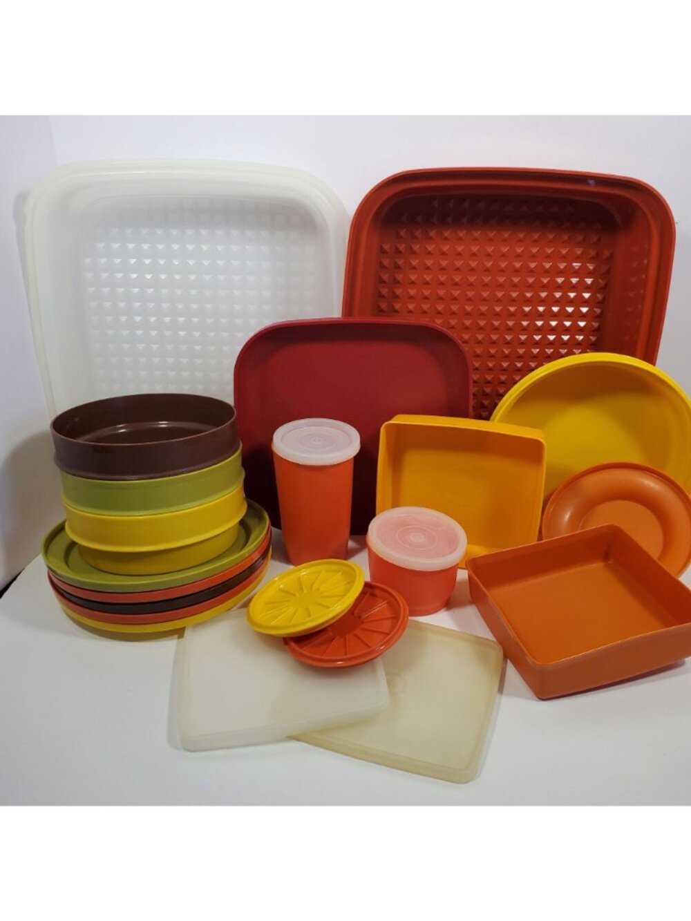 Vintage 70s Tupperware Orange Avocado Green Harvest Brown Gold Bowls Seals Retro - Picture 10 of 11